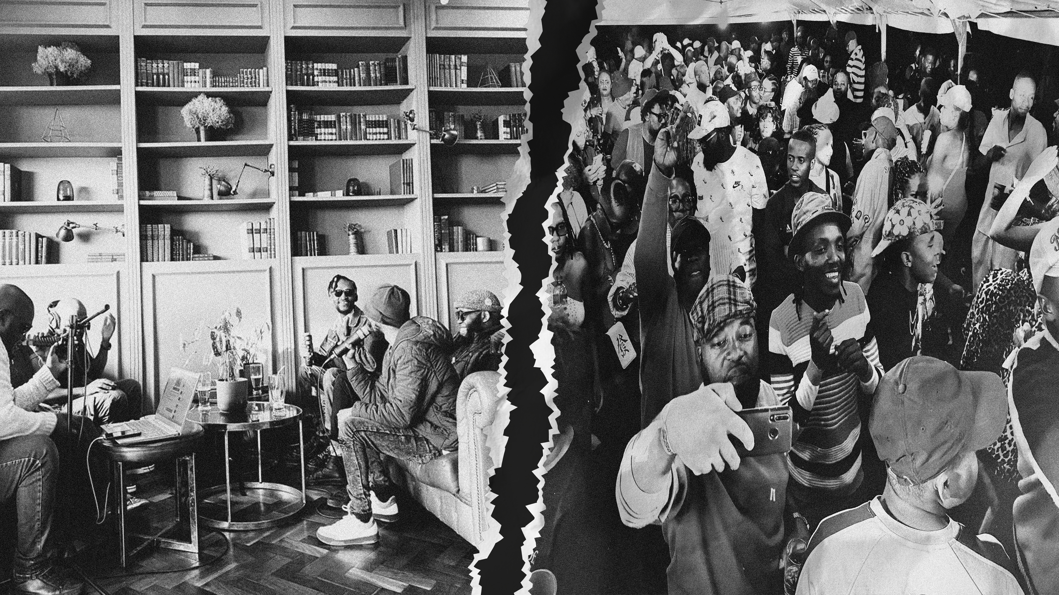 A black and white Deepsoulja collage showing an intimate radio conversation and a packed dance floor.